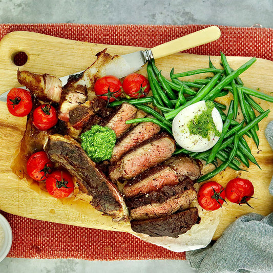 Rib Eye On The Bone - with Roasted Tomatoes Green Beans Burrata and Pesto | Harris Farm Online