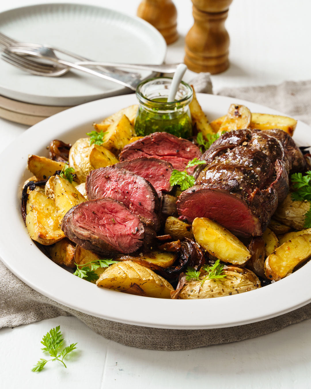 Beef Eye Fillet - with Roasted Potatoes and Chimichurri  |  Harris Farm Online
