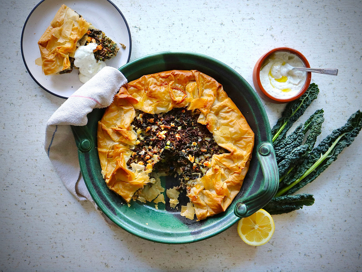Beef Kale and Feta Filo Galette - with Tzatziki