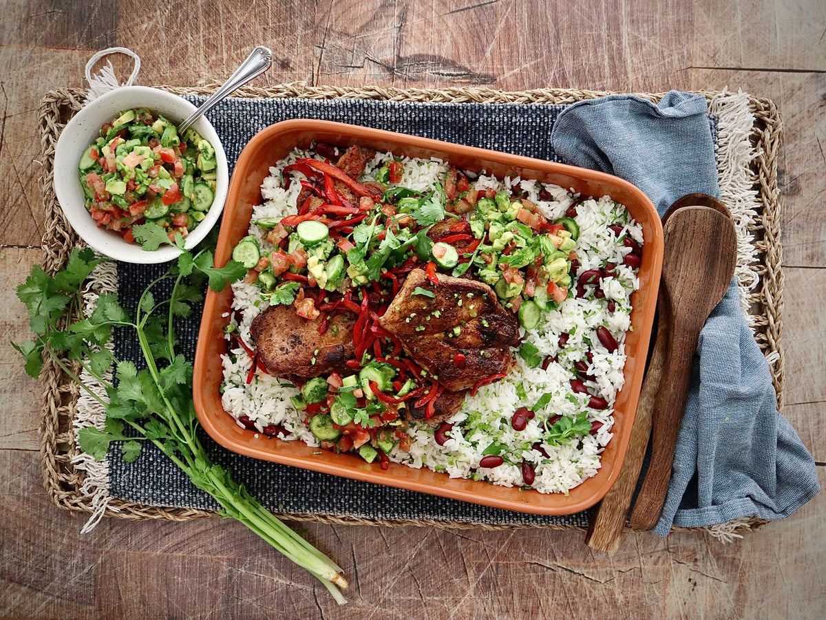 Buy Cajun Pork Steaks with Red Kidney Bean Rice and Avocado Tomato