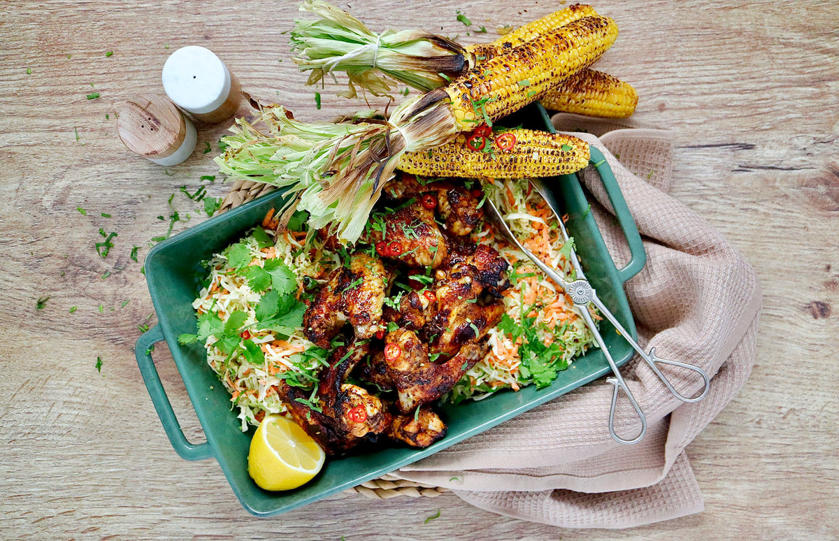 Cajun Spiced Chicken Drumsticks - with Roasted Corn and Cabbage Slaw | Harris Farm Online