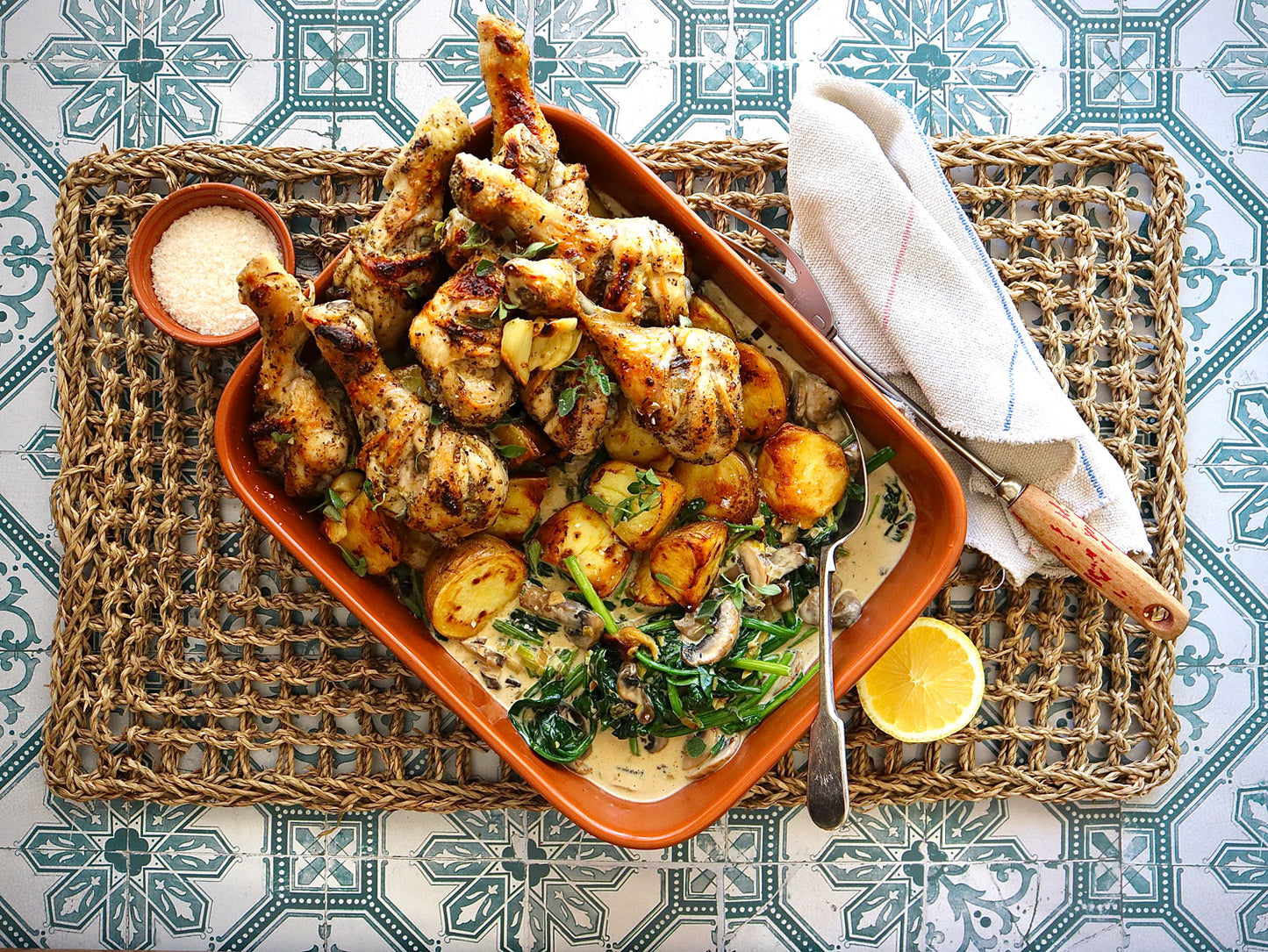 Garlic and Oregano Chicken Drumsticks - with Golden Potatoes and Creamy Spinach