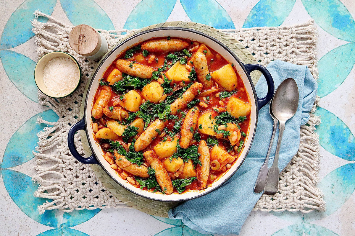 One Pot Chicken Chipolatas - with Potatoes Cannellini Beans and Tomato Olive Sauce