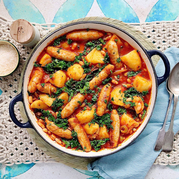 One Pot Chicken Chipolatas - with Potatoes Cannellini Beans and Tomato Olive Sauce | Harris Farm Online