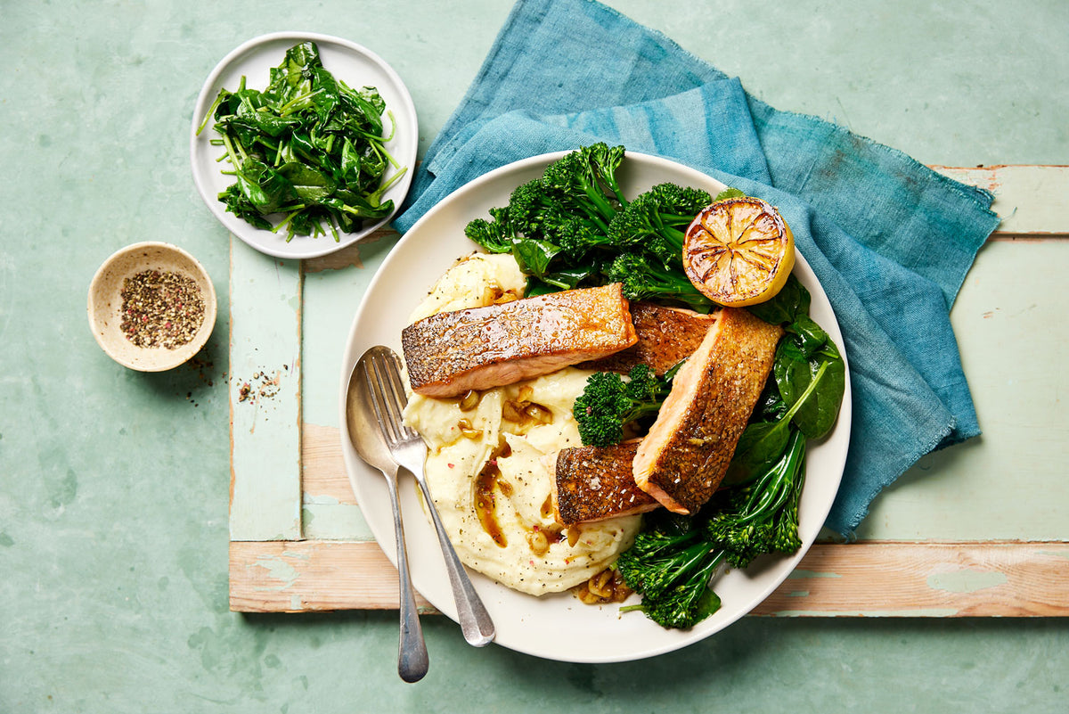 Pan Fried Garlic and Honey Glazed Salmon - with Mash and Greens | Harris Farm Online