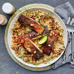 Honey Garlic and Lime Crispy Salmon - with Giant Couscous Salad | Harris Farm Online