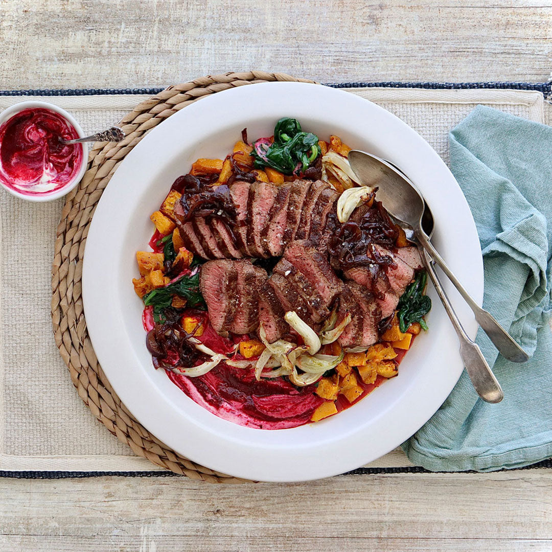 Lamb Backstrap - with Beetroot Yoghurt and Roasted Seasonal Vegetables | Harris Farm Online