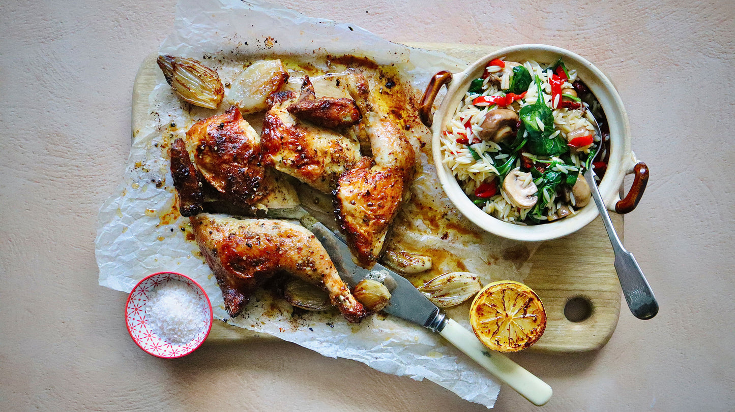 Roast Lemon and Garlic Chicken - with Mushroom Tomato Risoni