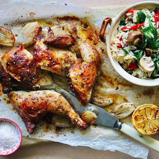 Roast Lemon and Garlic Chicken - with Mushroom Tomato Risoni | Harris Farm Online