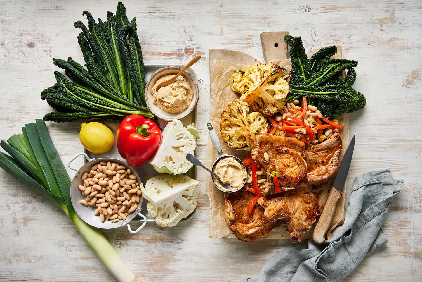 Lemon Honey Pork Chops - with Roasted Cauliflower and Bean Salad