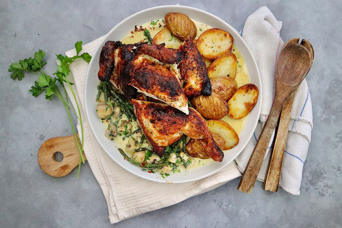 Roasted Lemon and Garlic Chicken - with Potatoes Mushrooms and Snake Beans | Harris Farm Online