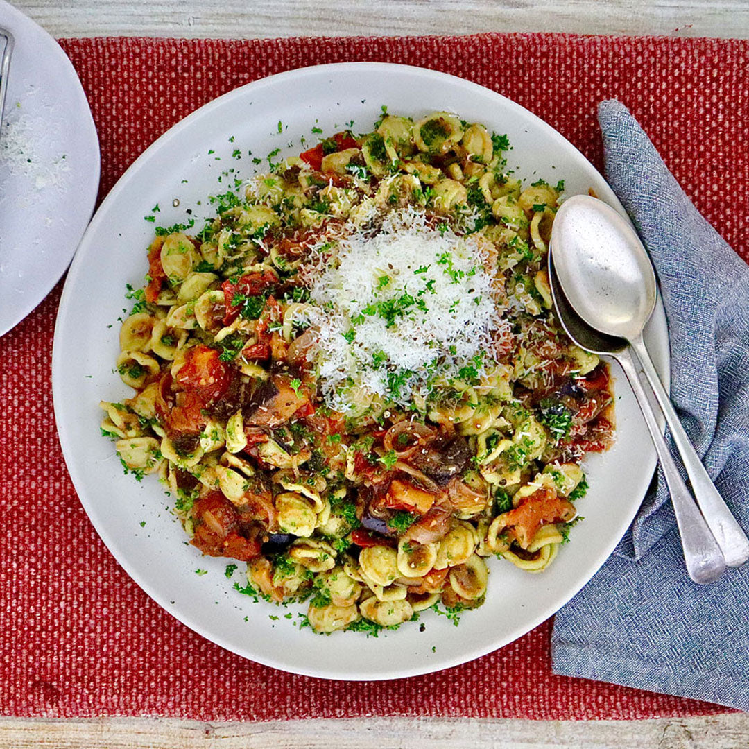 Spinach Orecchiette Alla Norma - with Tomato Eggplant and Pecorino | Harris Farm Online
