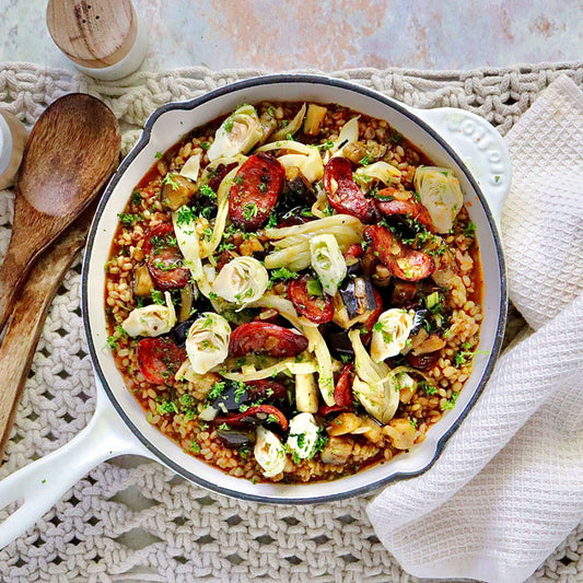 Tomato Farro Risotto - with Chorizo Eggplant Artichokes and Fennel | Harris Farm Online