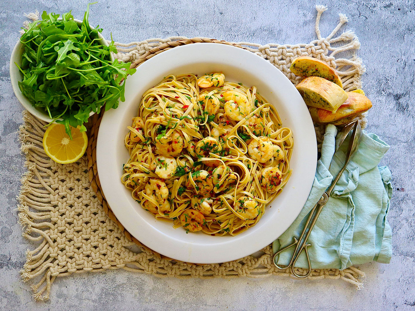 Garlic and Chilli Prawn Linguine - with Garlic Bread | Harris Farm Online