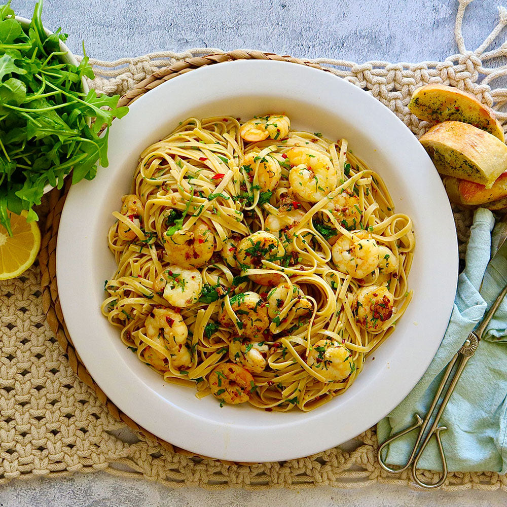 Garlic and Chilli Prawn Linguine - with Garlic Bread | Harris Farm Online