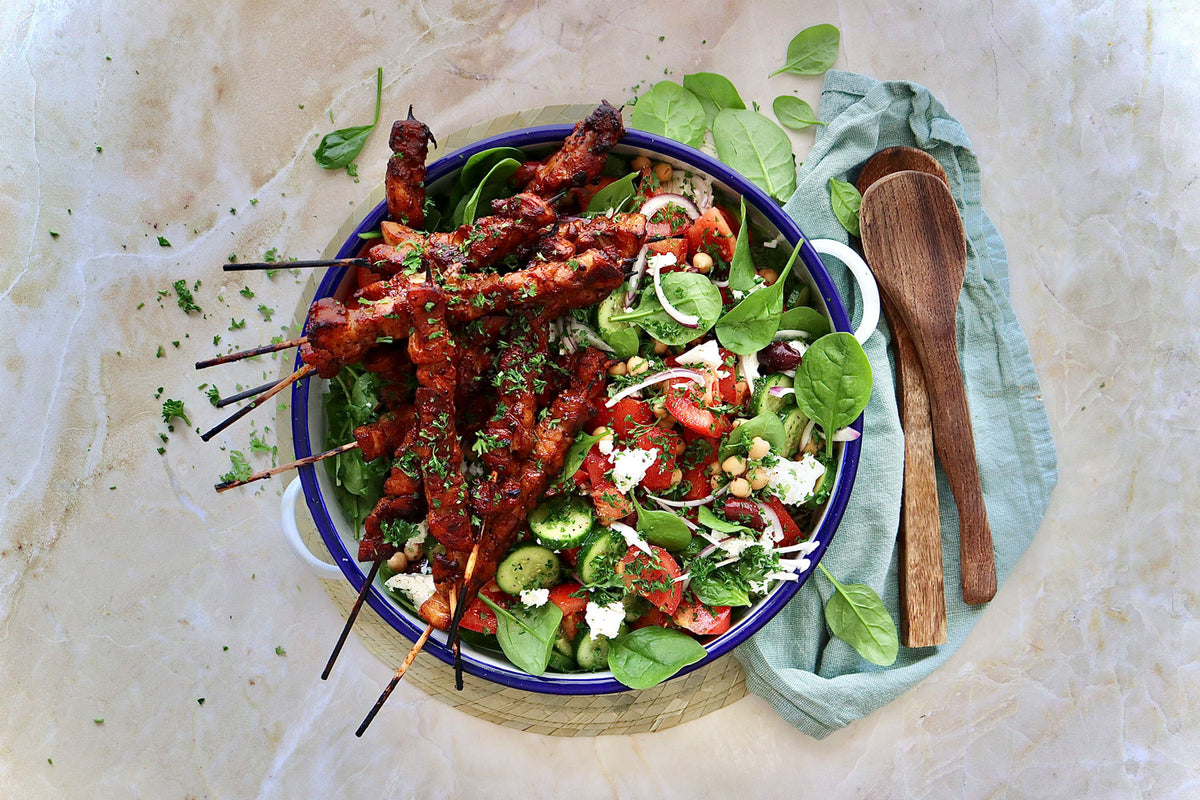 Marinated Chicken Kebabs - with Chickpea Tomato and Feta Salad | Harris Farm Online