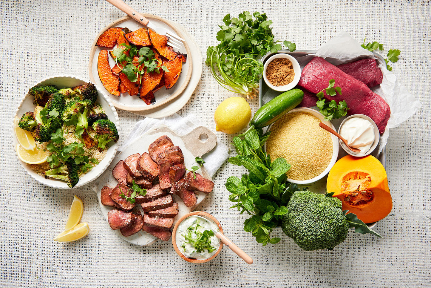 Lamb Backstrap - with Couscous Roasted Pumpkin Broccoli and Cucumber Yoghurt | Harris Farm Online