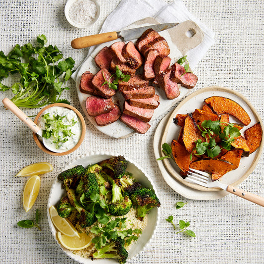 Lamb Backstrap - with Couscous Roasted Pumpkin Broccoli and Cucumber Yoghurt | Harris Farm Online