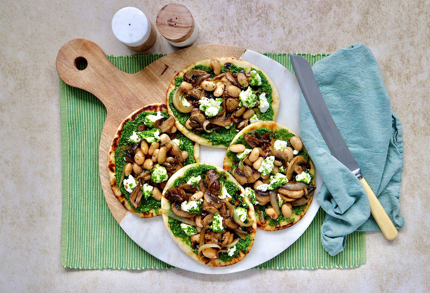 Mushroom Flat Breads - with Goats Cheese Beans and Salsa Verde | Harris Farm Online