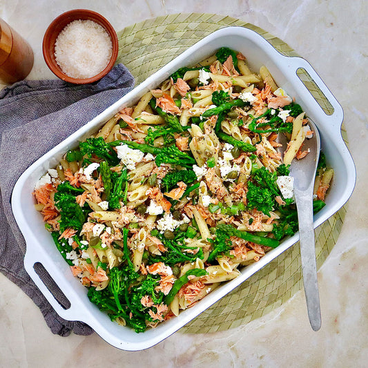 Penne and Hot Smoked Ocean Trout - with Seasonal Greens and Danish Feta | Harris Farm Online