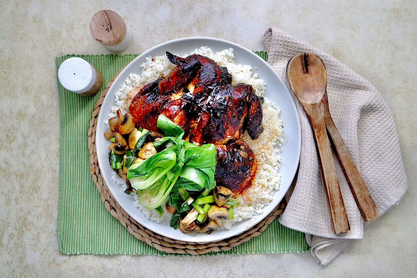 Soy Roasted Chicken - with Mushrooms Bok Choy and Sticky Rice | Harris Farm Online