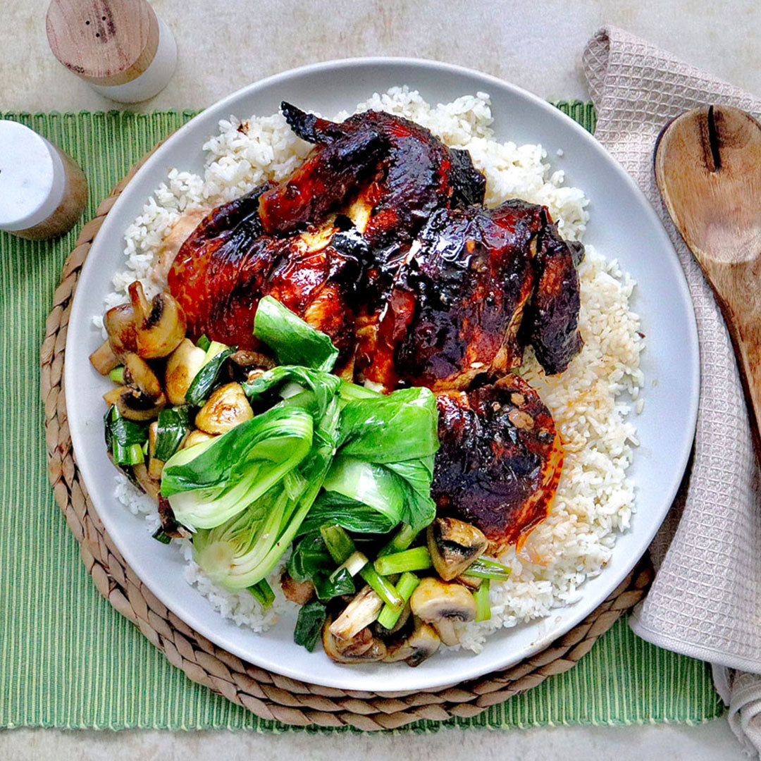 Soy Roasted Chicken - with Mushrooms Bok Choy and Sticky Rice | Harris Farm Online