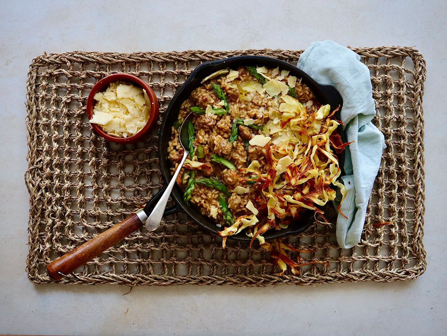 Tuscan Sausage and Asparagus Risotto with Parsnip Chips