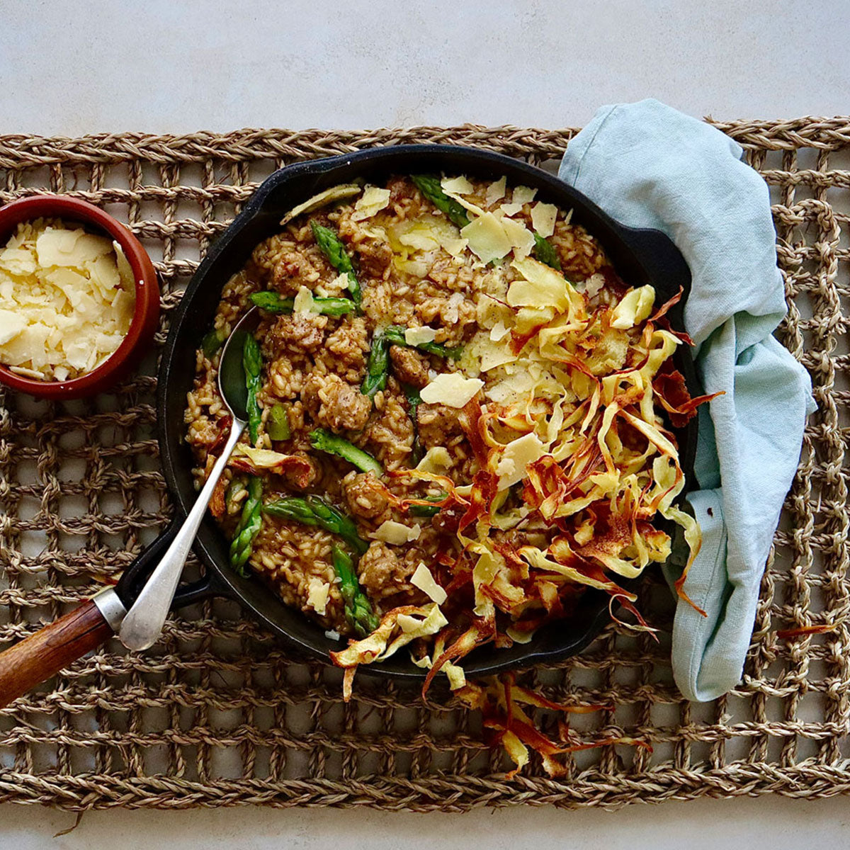 Tuscan Sausage and Asparagus Risotto with Parsnip Chips