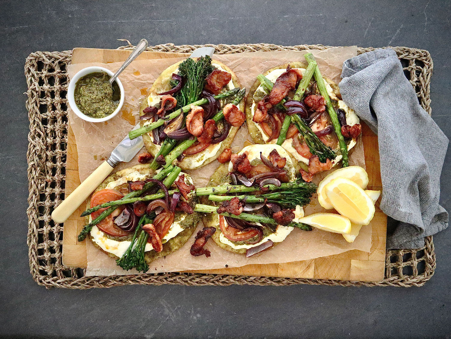 Zaatar Flat Breads - with Chorizo, Roasted Vegetables, Ricotta and Rocket Pesto | Harris Farm Online