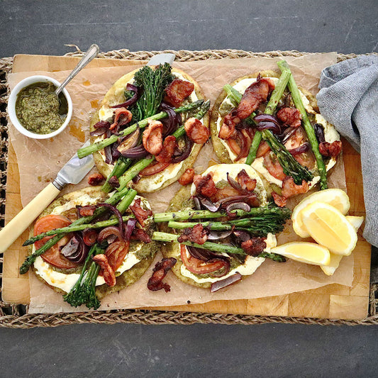 Zaatar Flat Breads - with Chorizo, Roasted Vegetables, Ricotta and Rocket Pesto | Harris Farm Online