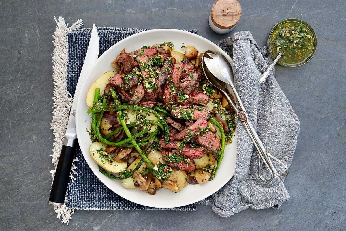 Skirt Steak - with Boiled Potatoes Asparagus and Mixed Nut Salsa | Harris Farm Online