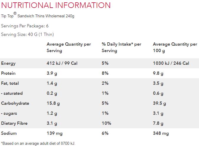 Tip Top Sandwich Thins Wholemeal x6 240g
