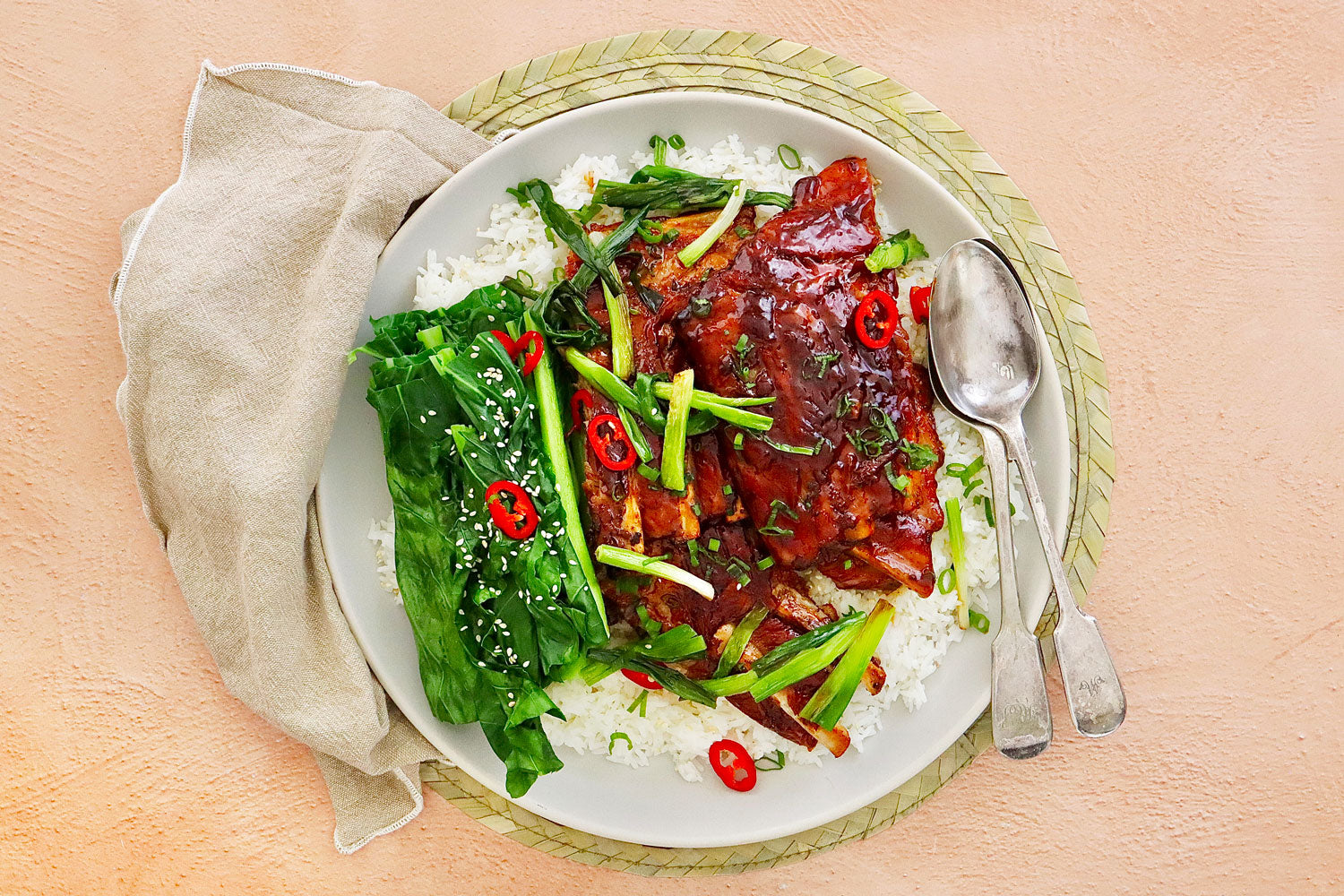 Honey and Soy Pork Ribs - with Rice and Asian Greens  | Harris Farm Online