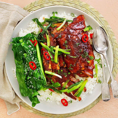 Honey and Soy Pork Ribs - with Rice and Asian Greens  | Harris Farm Online