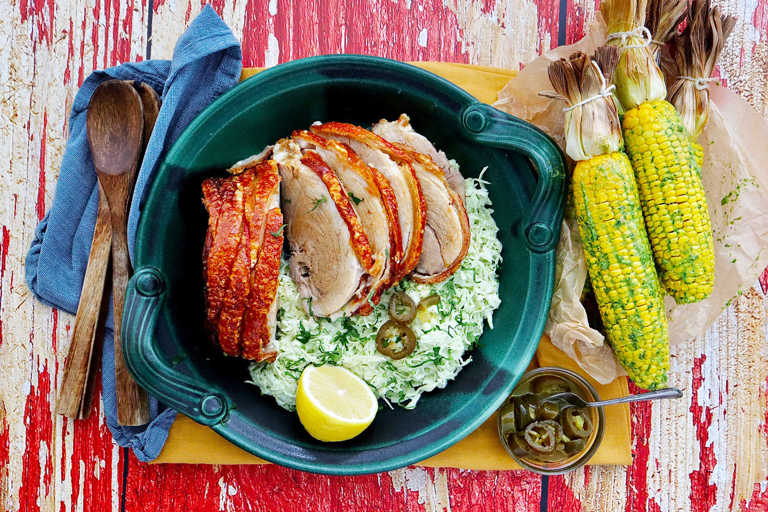 Roasted Pork Leg - with Jalapeno Cabbage Slaw and Corn On The Cob | Harris Farm Online