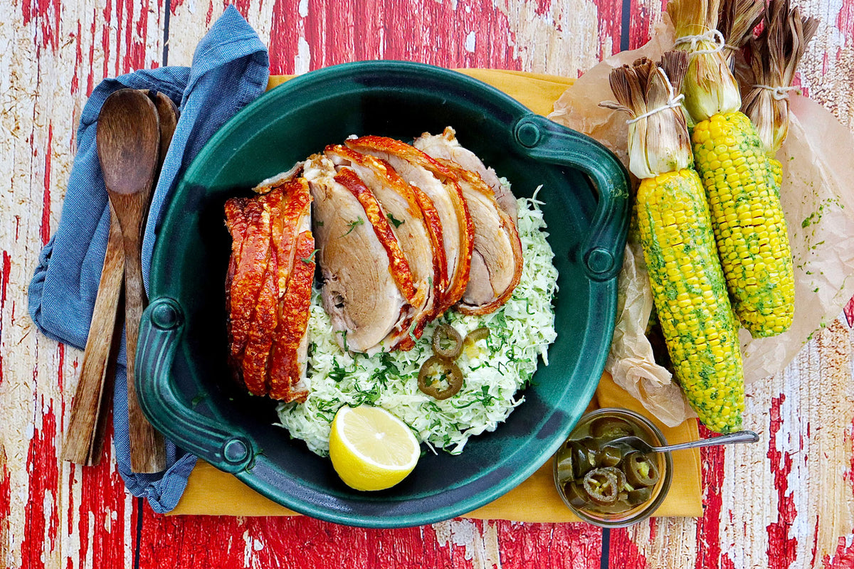 Roasted Pork Leg - with Jalapeno Cabbage Slaw and Corn On The Cob | Harris Farm Online