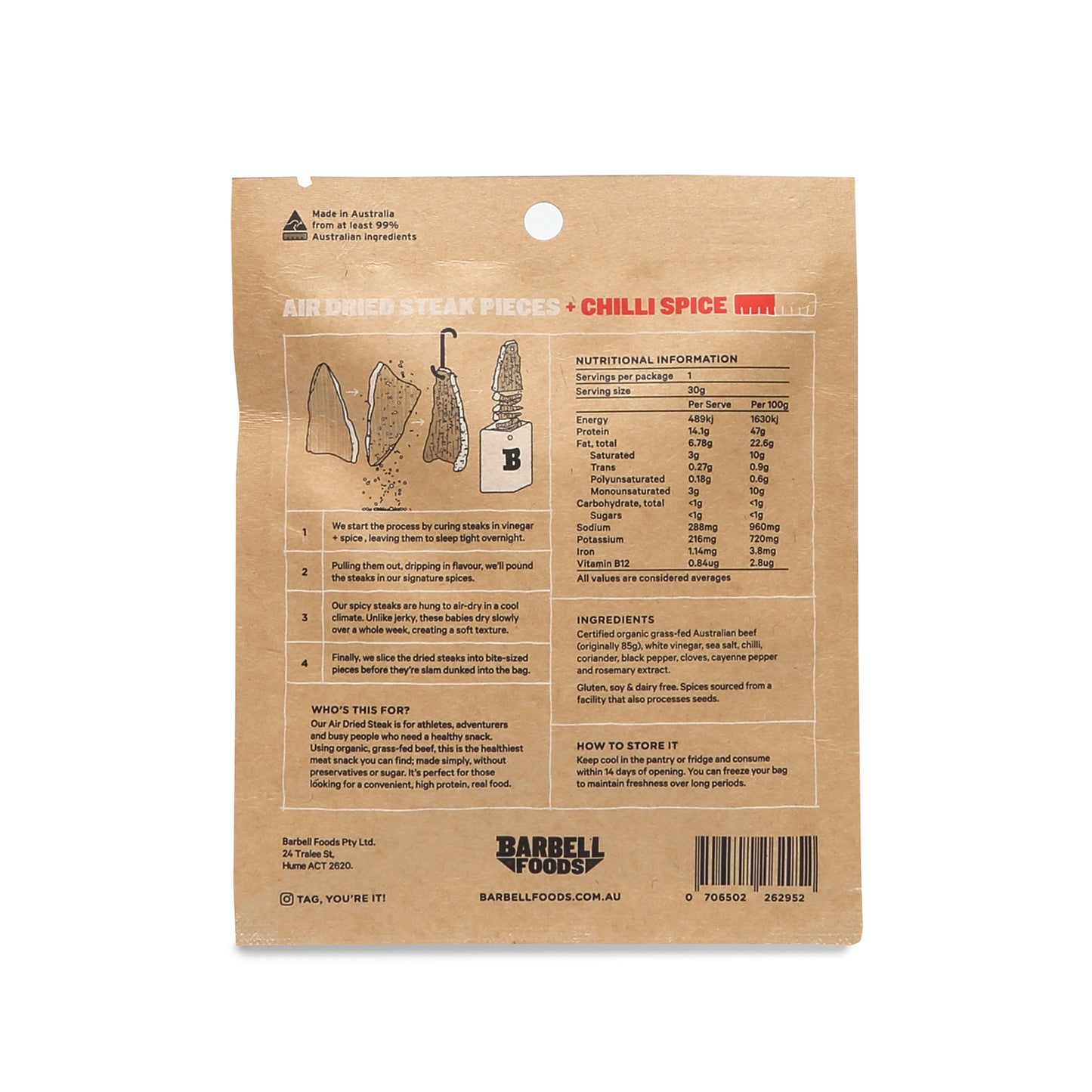 Barbell Burn Chilli Spice Air Dried Steak Organic Grass Fed Beef | Harris Farm Online