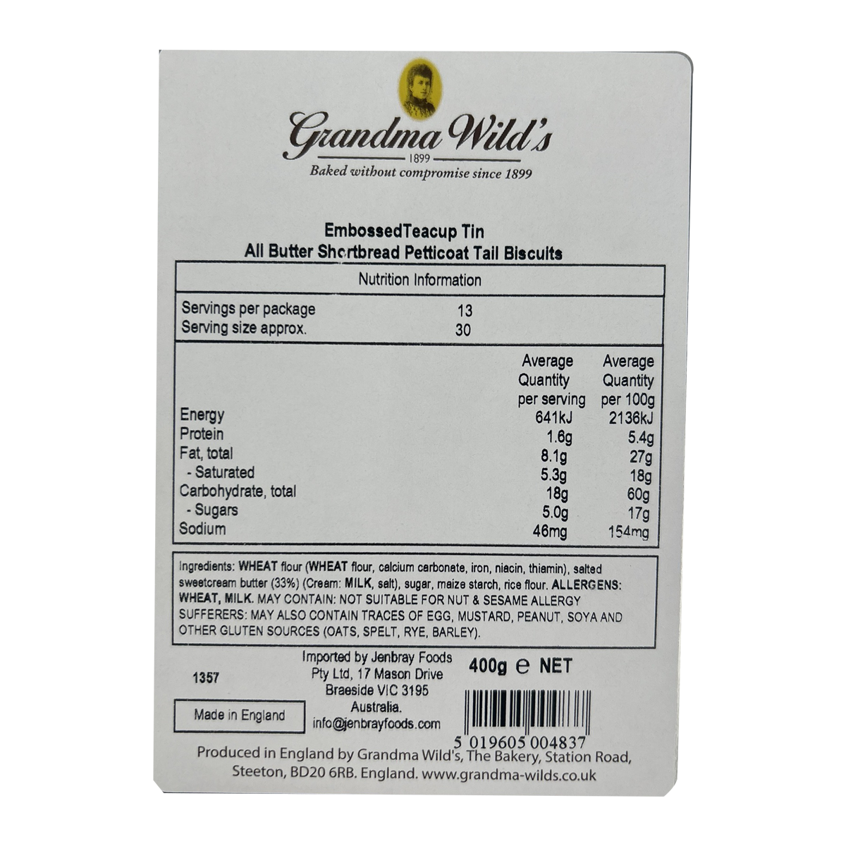 Grandma Wild Tea Cup Tin Shortbread 400g