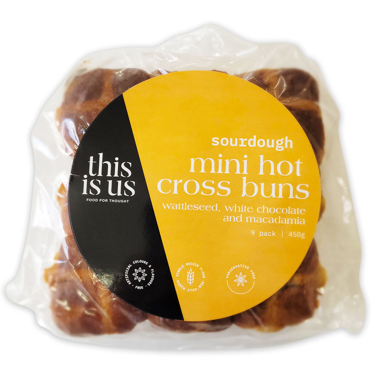 This Is Us Sourdough Mini Hot Cross Buns Wattleseed, White Chocolate and Macadamia 9 pack | Harris Farm Online
