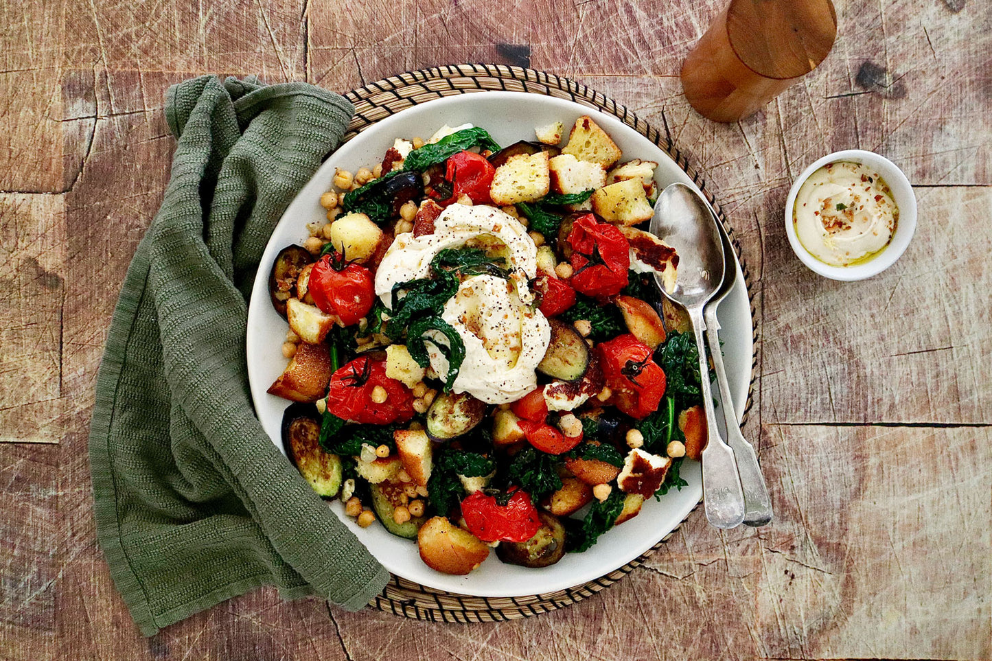 Halloumi Tomato Chickpea Salad - with Garlic Croutons