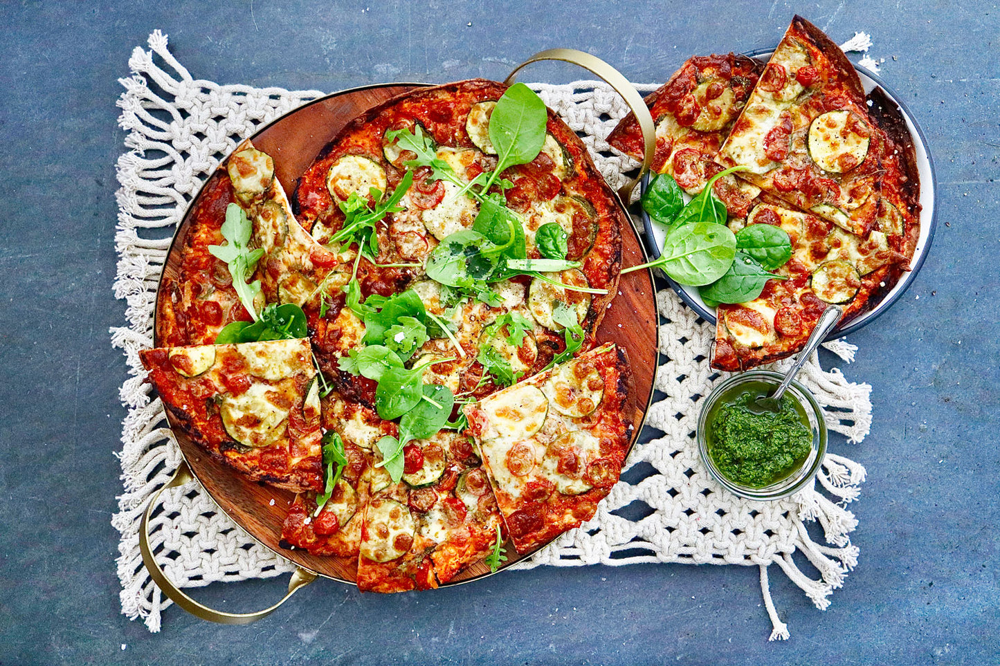 Zucchini Tomato Ricotta and Pesto Pizzas