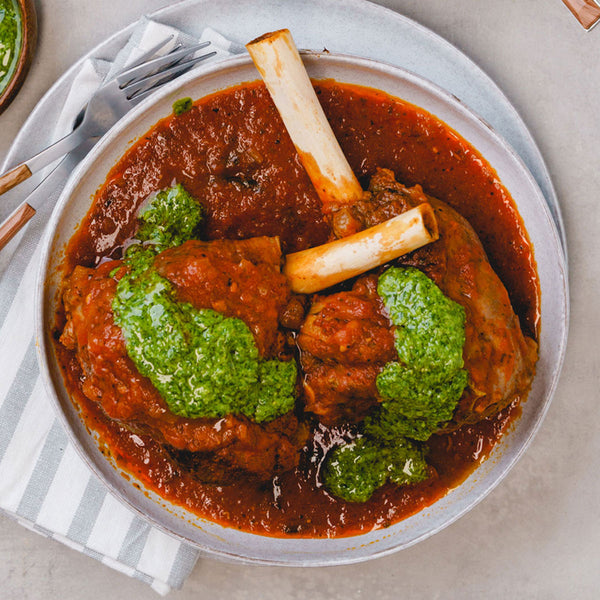 Tomato Passata Braised Lamb Shanks with Mash and Salsa Verde Harris