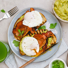 Poached Eggs Bacon and Guacamole Toast - with Green Juice