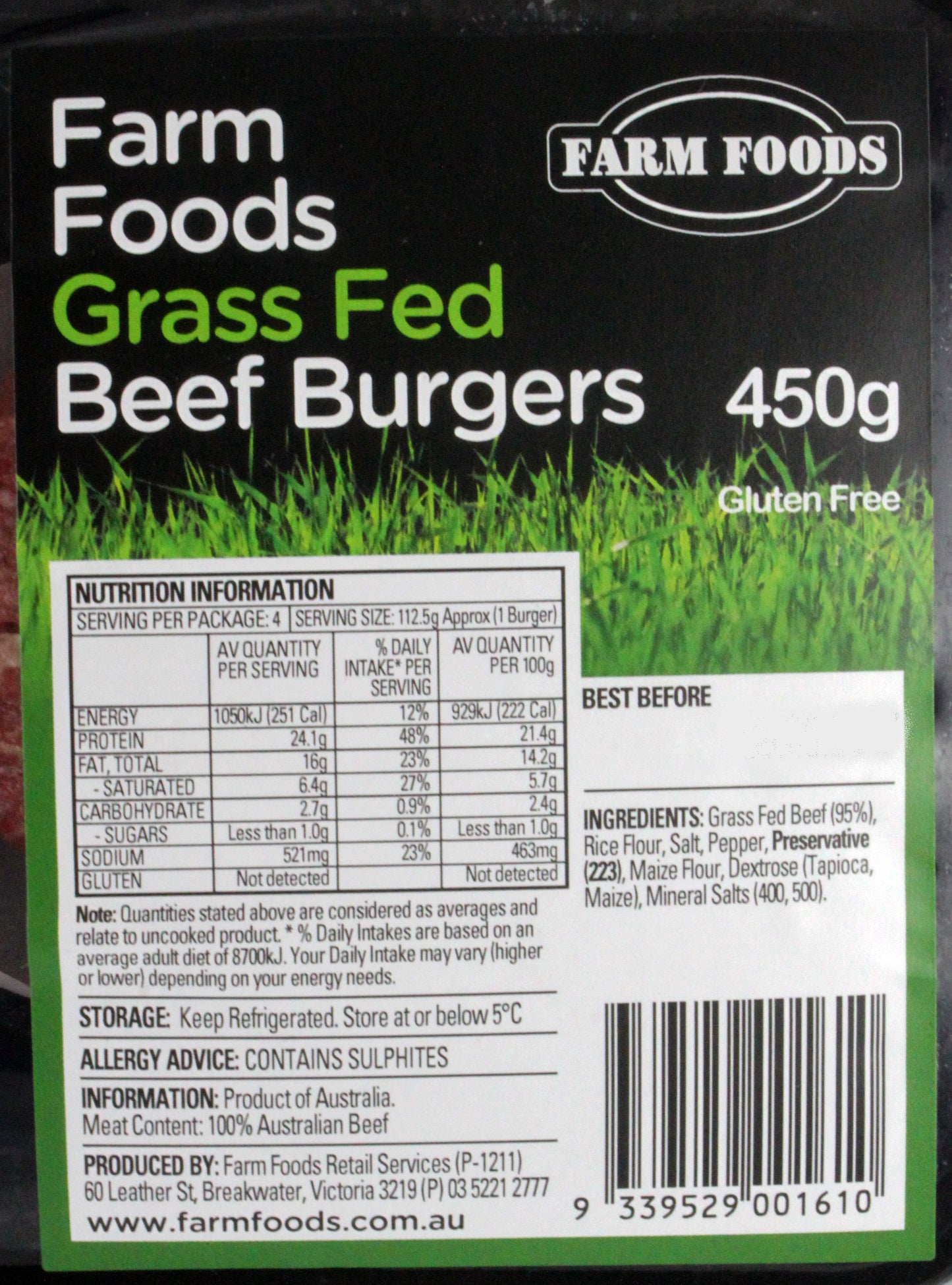 Beef - Burgers Grass Fed (4 Pieces, 450g) Farm Foods