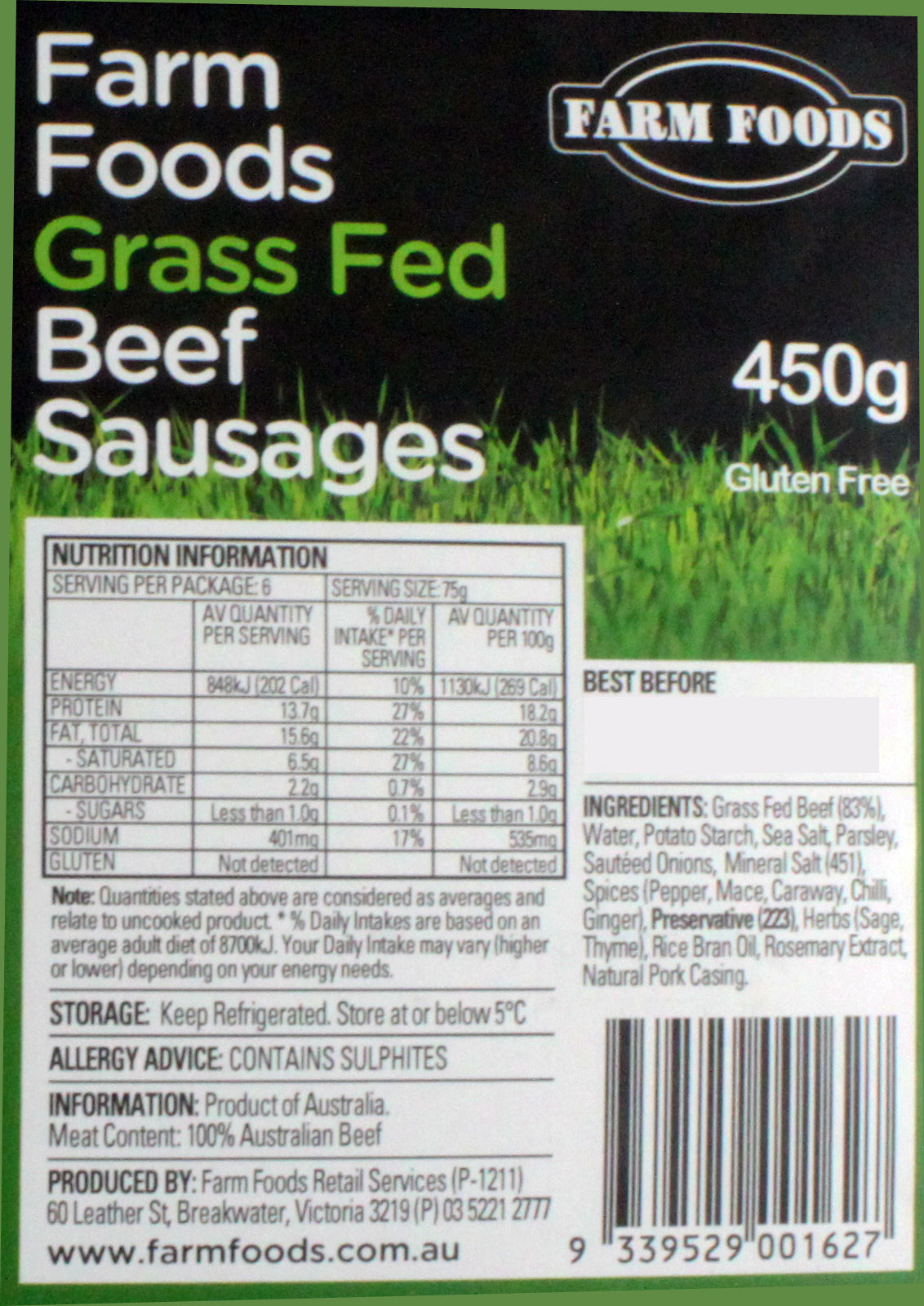 Sausages - Beef Grass Fed (6 Sausages, 450g) Farm Foods