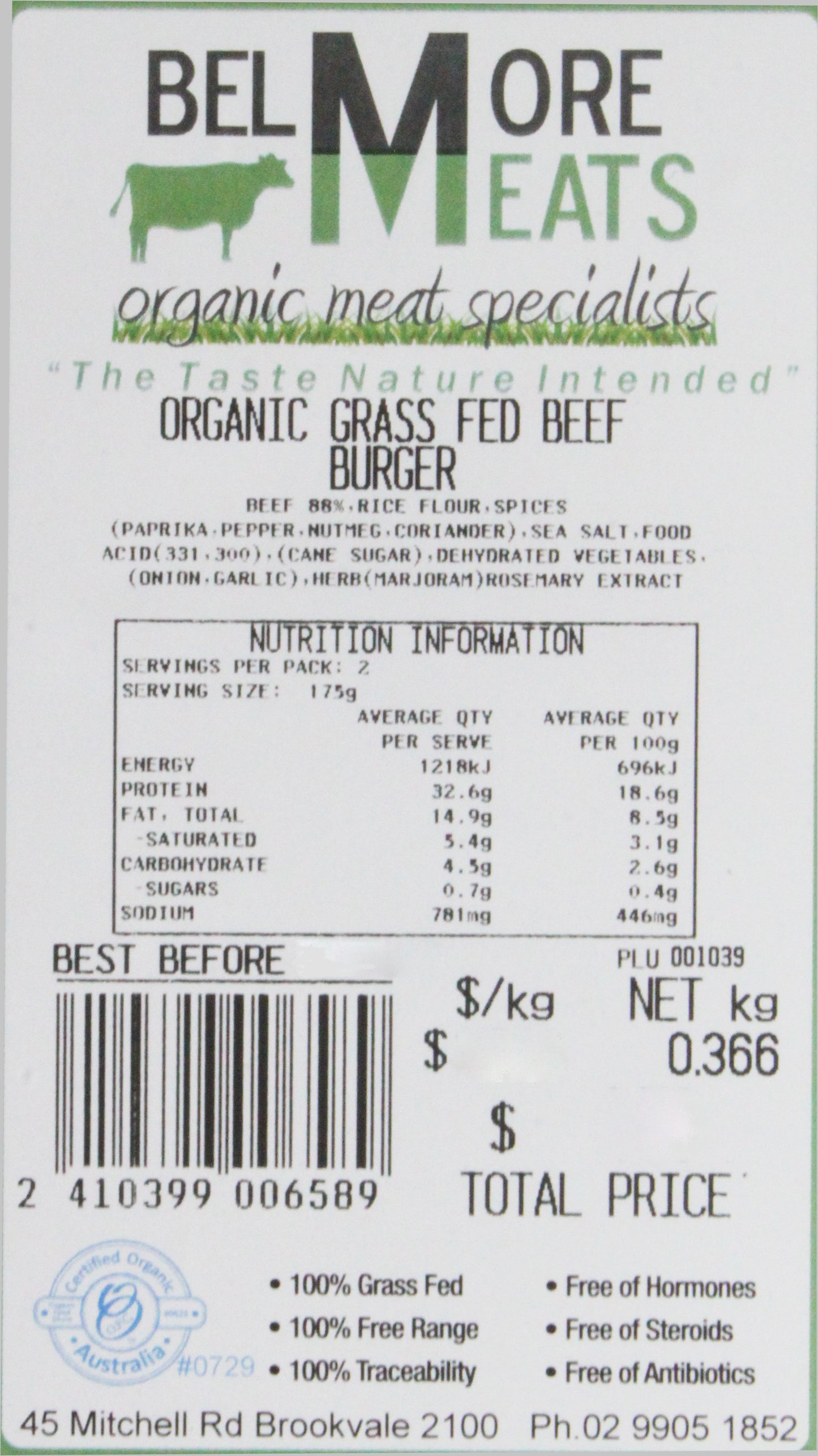 Belmore Organic Beef Burgers x2 300-420g