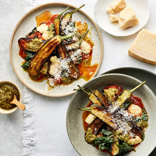Quick Braised Eggplant with Bocconcini, Cherry Tomato Sauce and Basil Pesto