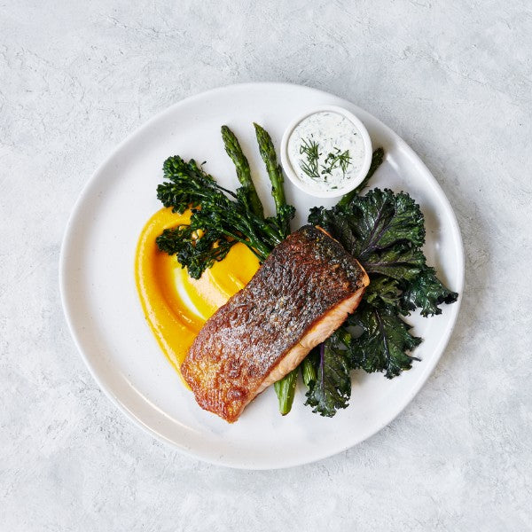 Crispy Skin Salmon - with Pumpkin Puree & Roasted Greens
