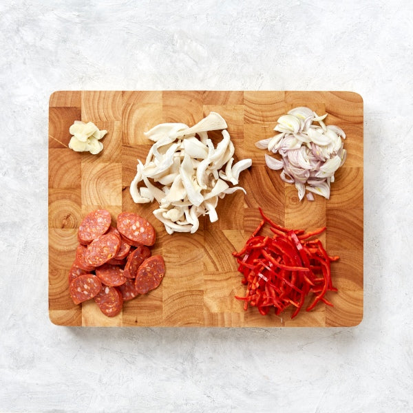 Ricciarelle Pasta with Chorizo, Mushrooms and Olives