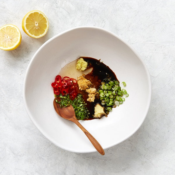 Sticky Lemon Ginger Chicken with Rice and Asian Greens
